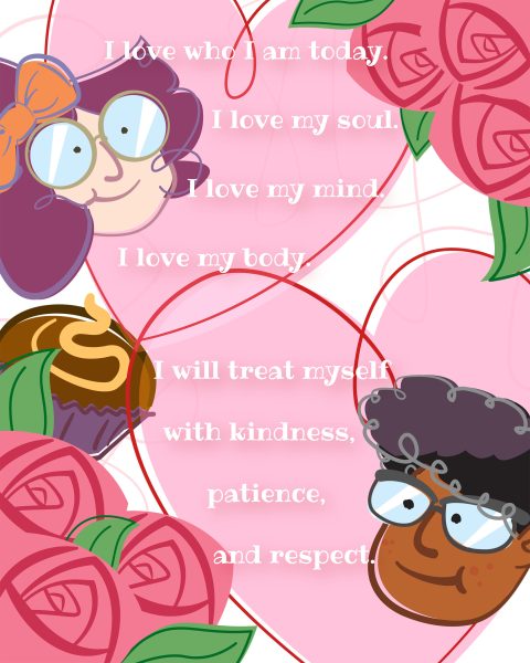 This graphic features pink hearts and roses, along with two cartoon faces. Affirmations are included about loving oneself.