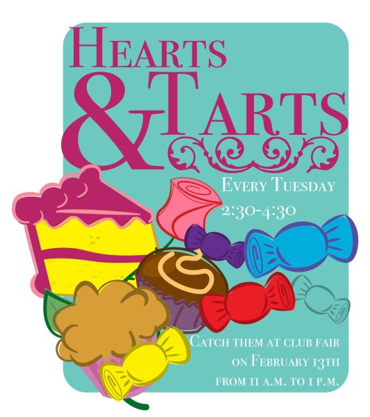 This infographic features a colorful array of sweet treats. It introduces the club and states their meeting times.