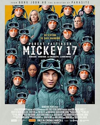 Movie poster for the film "Mickey 17", featuring multiple clones of the main character overlapping each other in arctic gear.