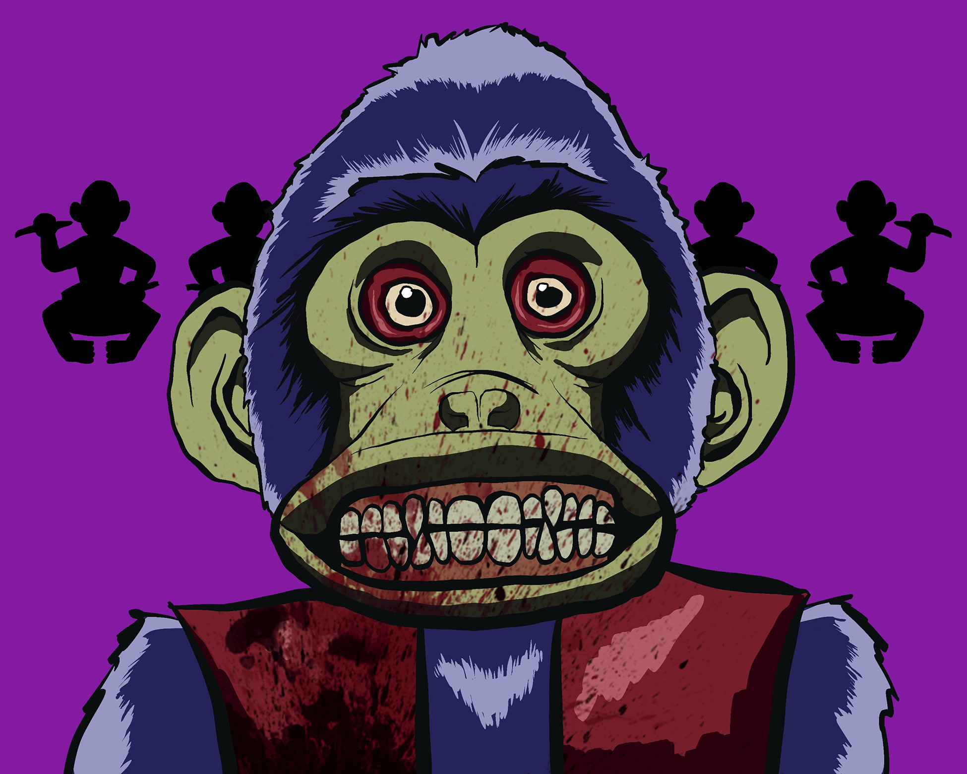 Digital illustration of the monkey shown from the shoulders up, wearing a wide grin showing all of its teeth and gums.
