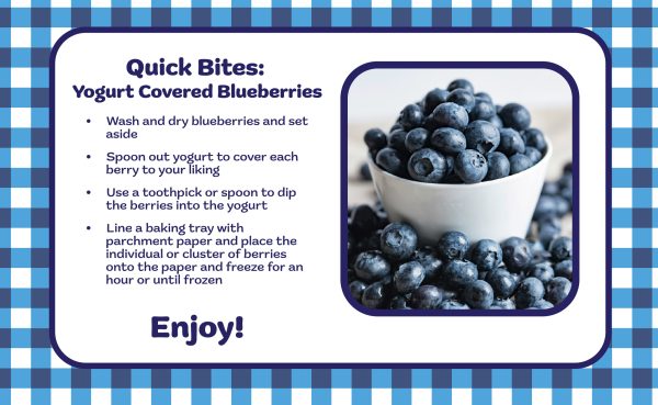 This graphic shows a picture of blueberries in a bowl with the instructions for the recipe next to it.