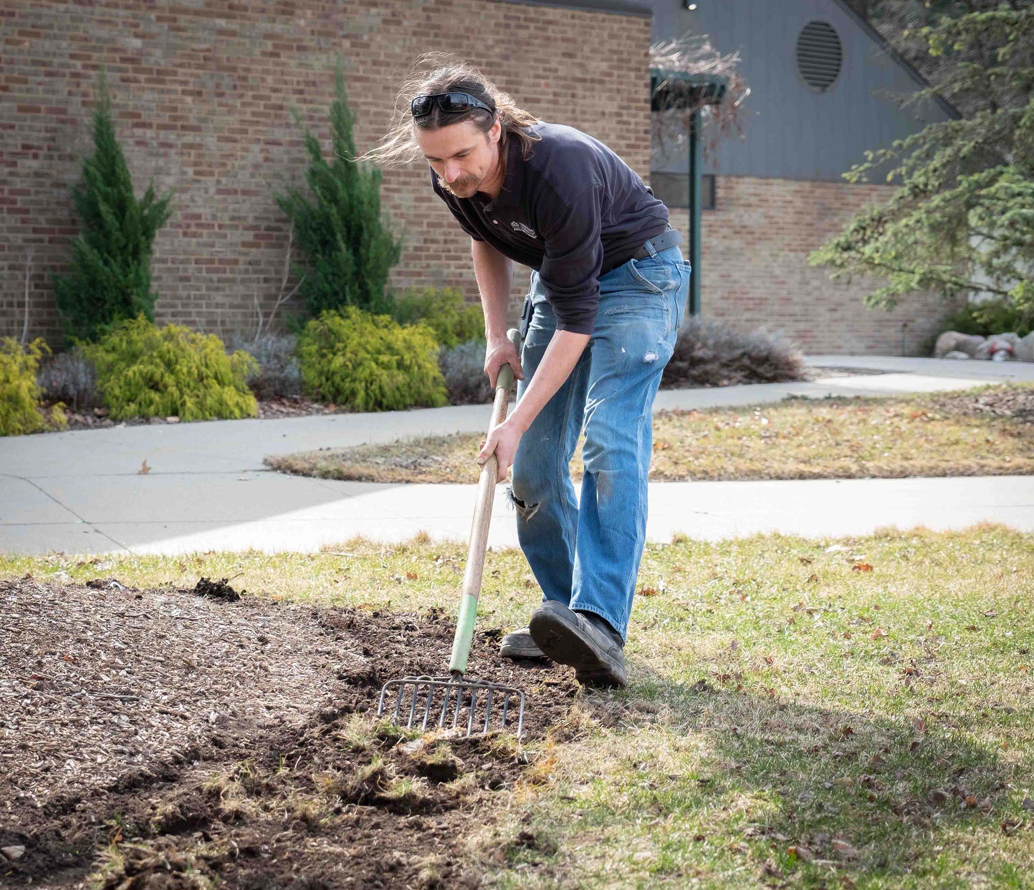 Caleb Horvath leans forward towards the camera while raking a bed of mulch.