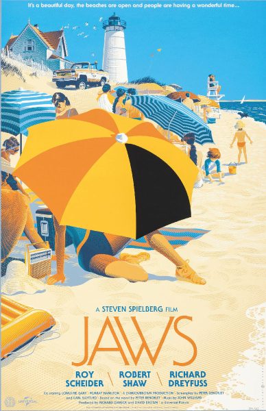 Vintage art-style inspired movie poster for "Jaws" picturing a woman sitting on the beach behind a large yellow umbrella.