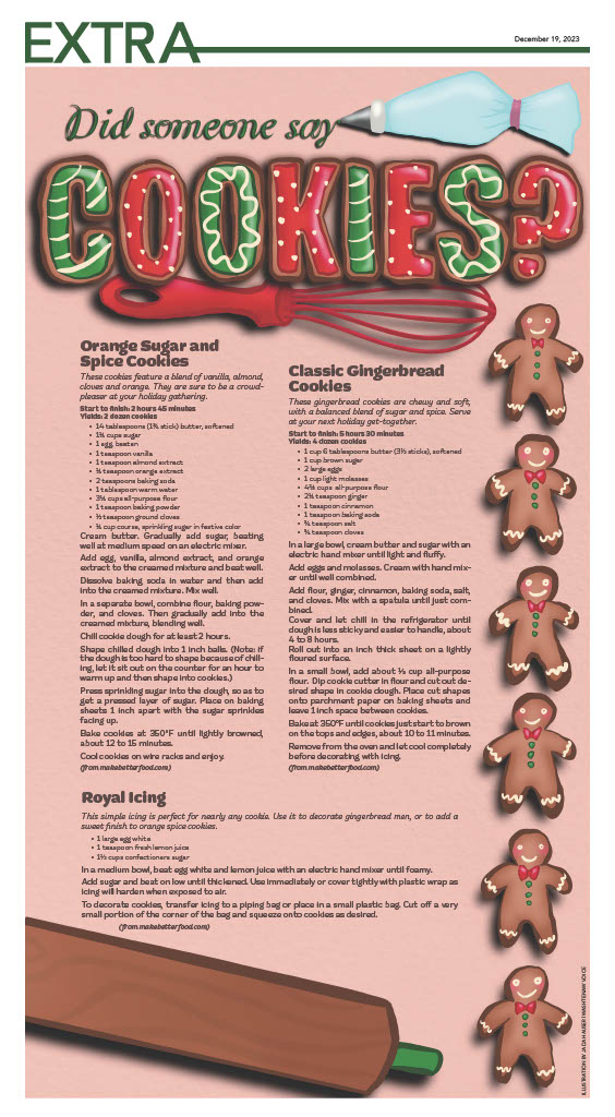 Page design with the word "cookies" written with gingerbread cookie-shaped letters. More cookies, a whisk, and a rolling pin border two cookie recipes.