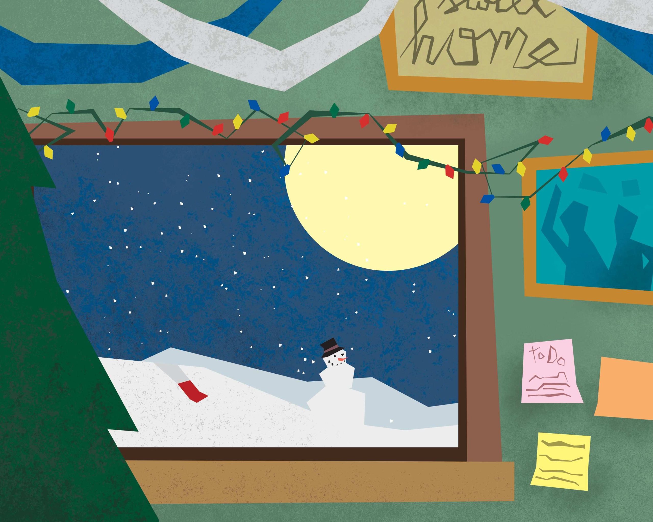 A digital illustration shows a portion of a pine tree on the left side of the frame that partially obscures a window to a snowy landscape. Colorful string lights and streamers decorate the scene, and a "home sweet home" sign can be seen at the top of the frame.