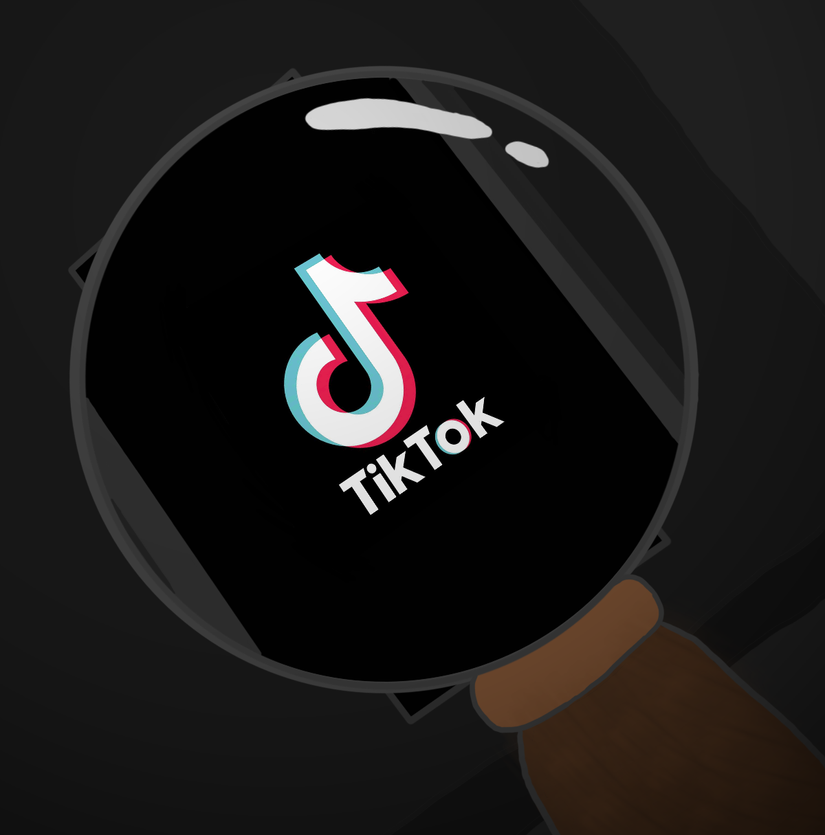 An illustration of a magnifying glass positioned above the TikTok app logo.