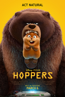 The movie poster for "Hoppers" features a smiling beaver dangling from the mouth of a grumpy bear.